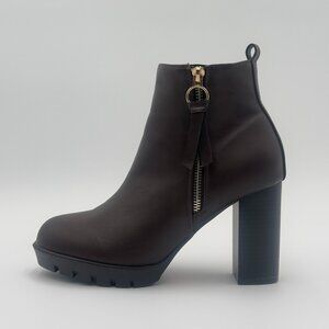 Zipper-Detail Faux Leather Ankle Boots - Platform Block Heel, Brown